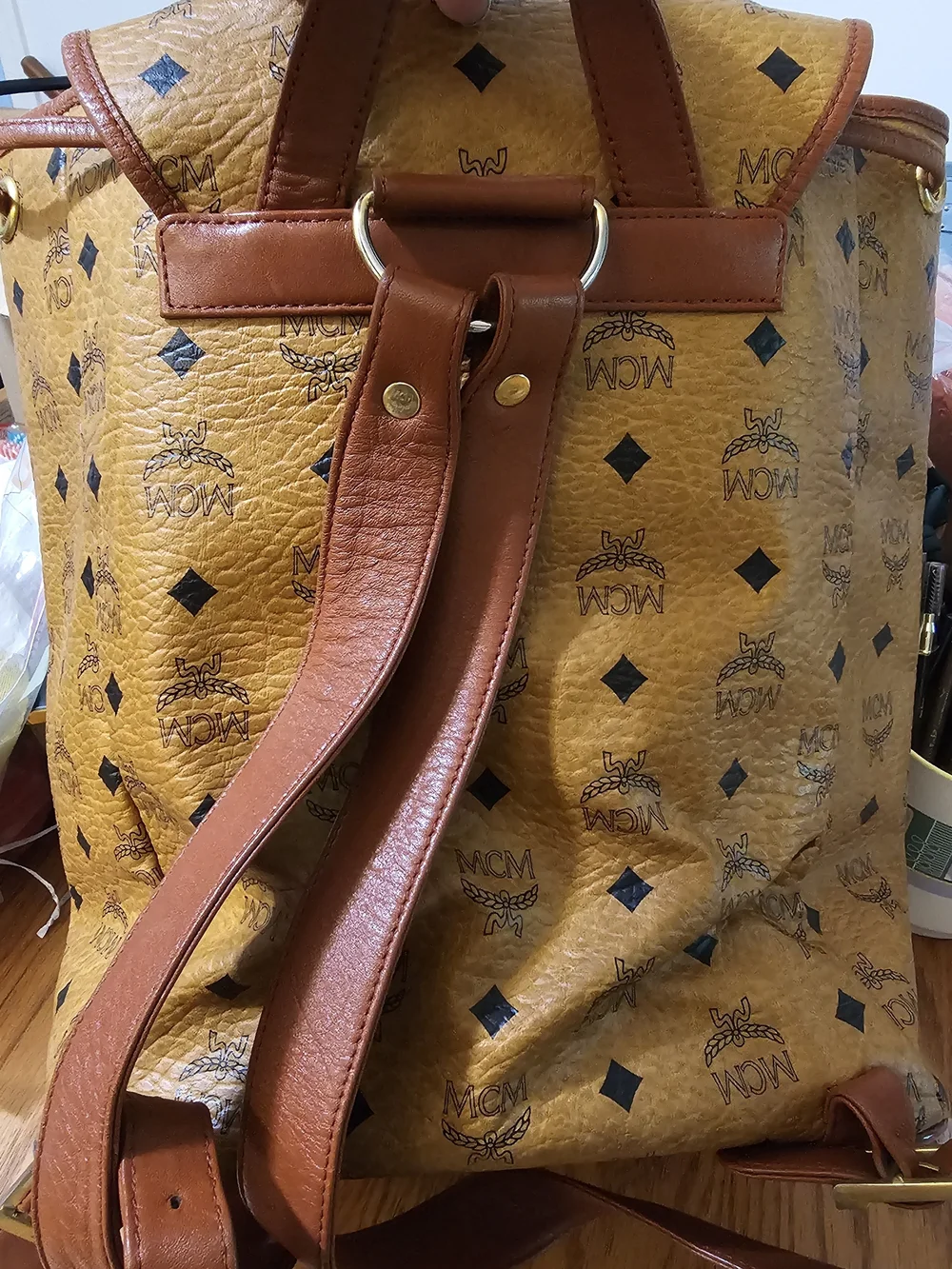 MCM Visetos Logo Drawstring Backpack in Cognac